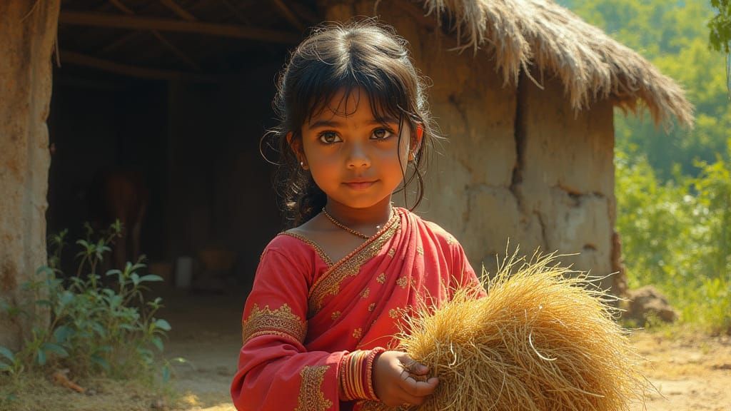 Indian Girl in Red Saree Inspects Hay Near Cow Shed in Vibra...