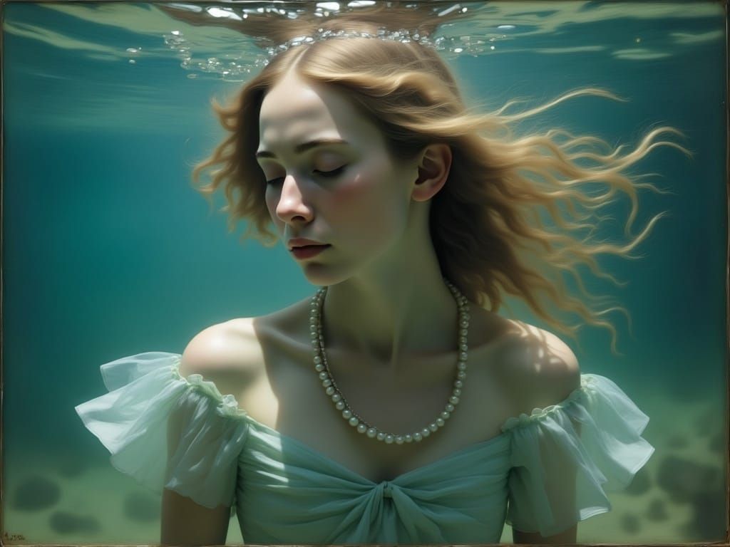 Ethereal Underwater Portrait with Pearls in a Dreamlike Styl...