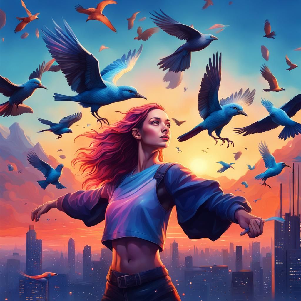 Woman Releasing Birds in Futuristic City