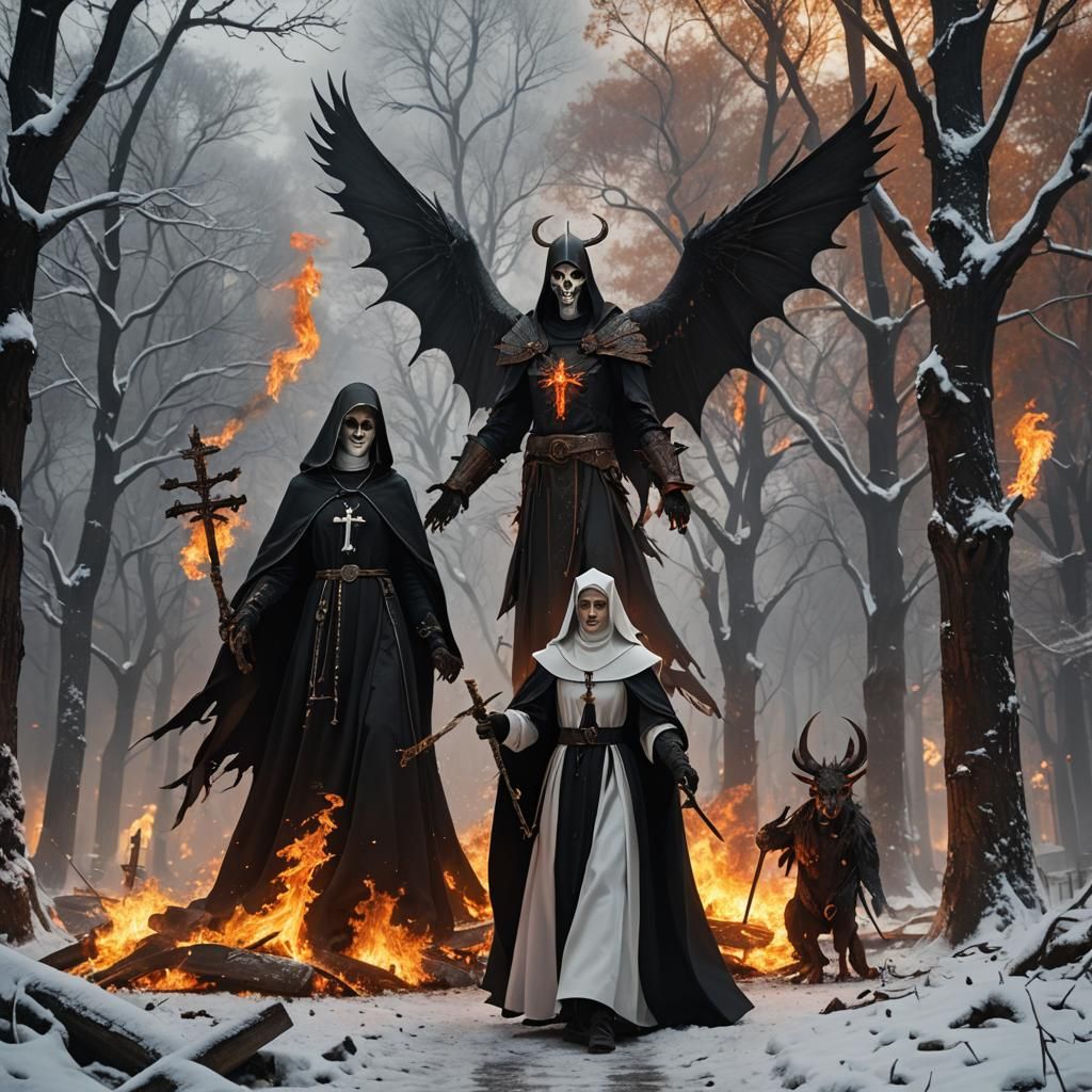 Winged Nun and Horned Devil in Burning Church