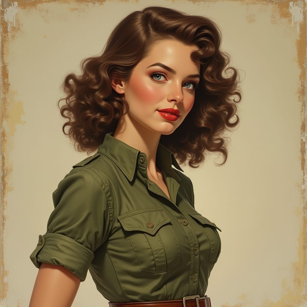 Vintage Army Girl Pin-Up in Alphonse Mucha Style