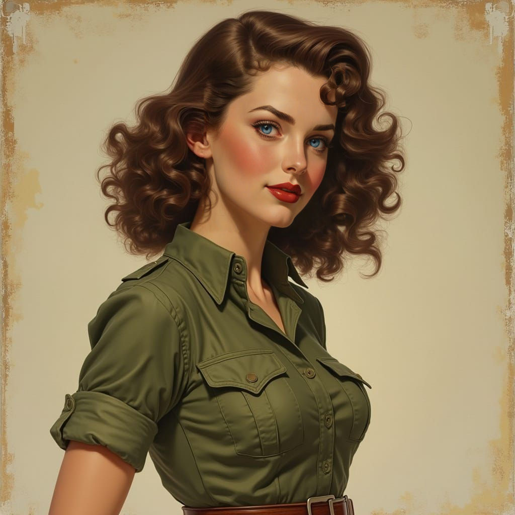 1940s Pin-Up Army Girl in Alphonse Mucha Style