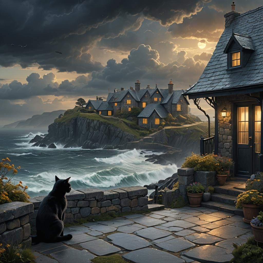 Black Cat on Cottage Porch Overlooking Stormy Sea