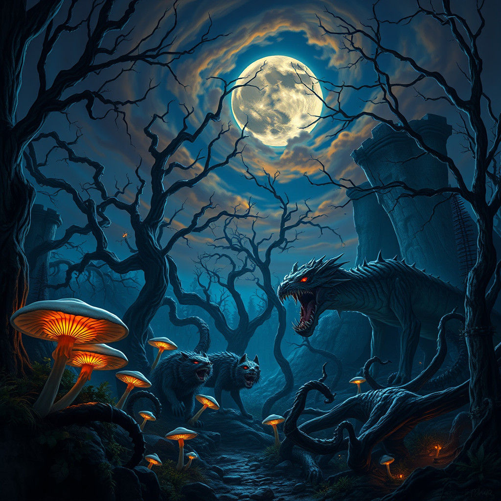 Monsters Emerge in Bioluminescent Forest: Fantasy Concept Ar...