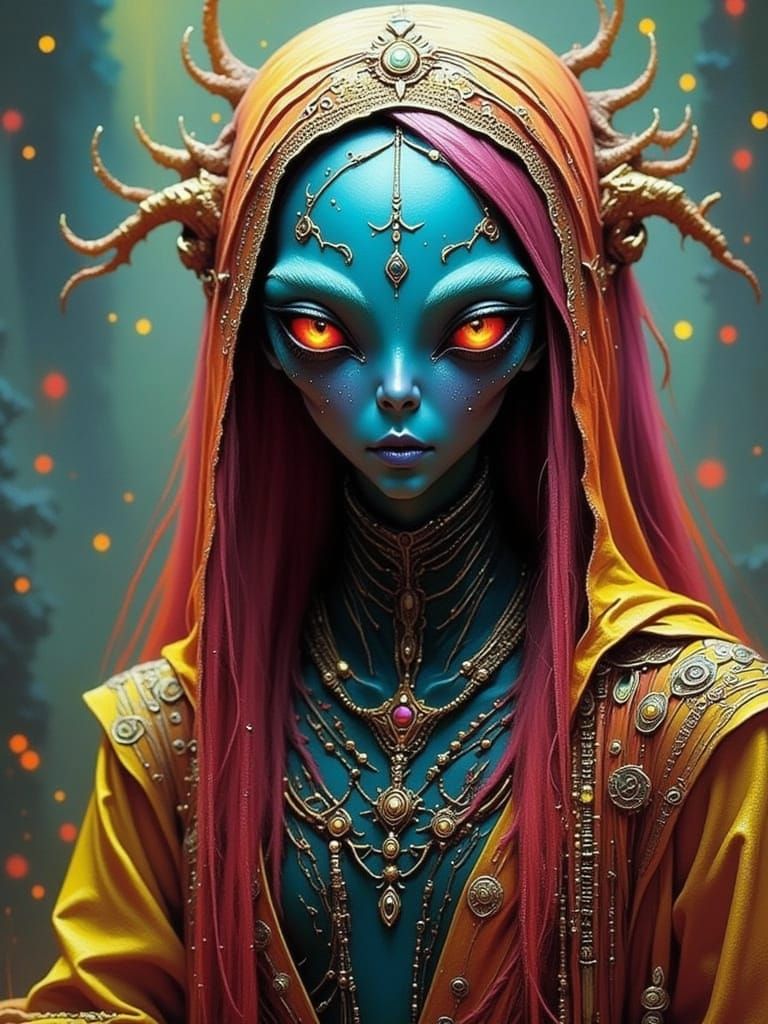 Beautiful Alien with Rainbow Eyes in Ethereal Style
