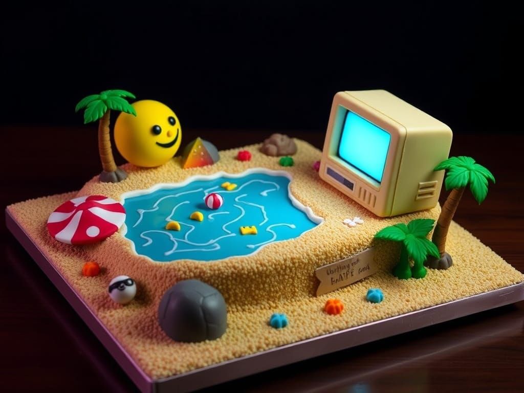 Pac-Man's Surreal Beachside Computer Cake