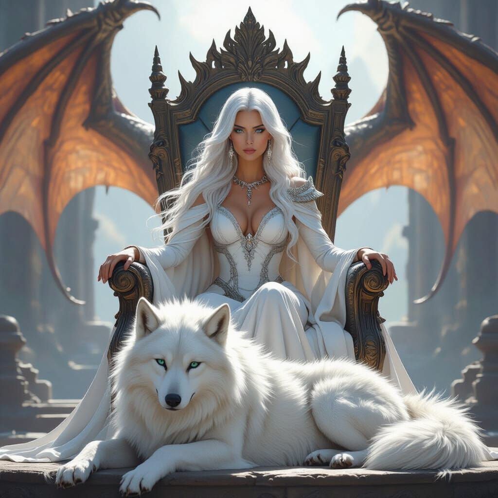 Majestic Queen With Silver Hair and Dire Wolf on Throne