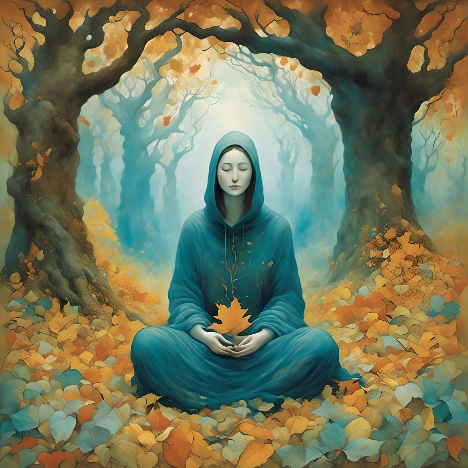 Woman Meditating in Dreamy Autumn Garden