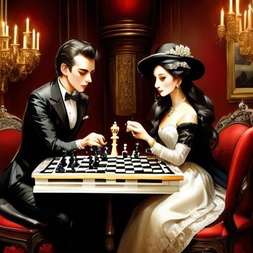 Couple Playing Chess in Ornate Interior