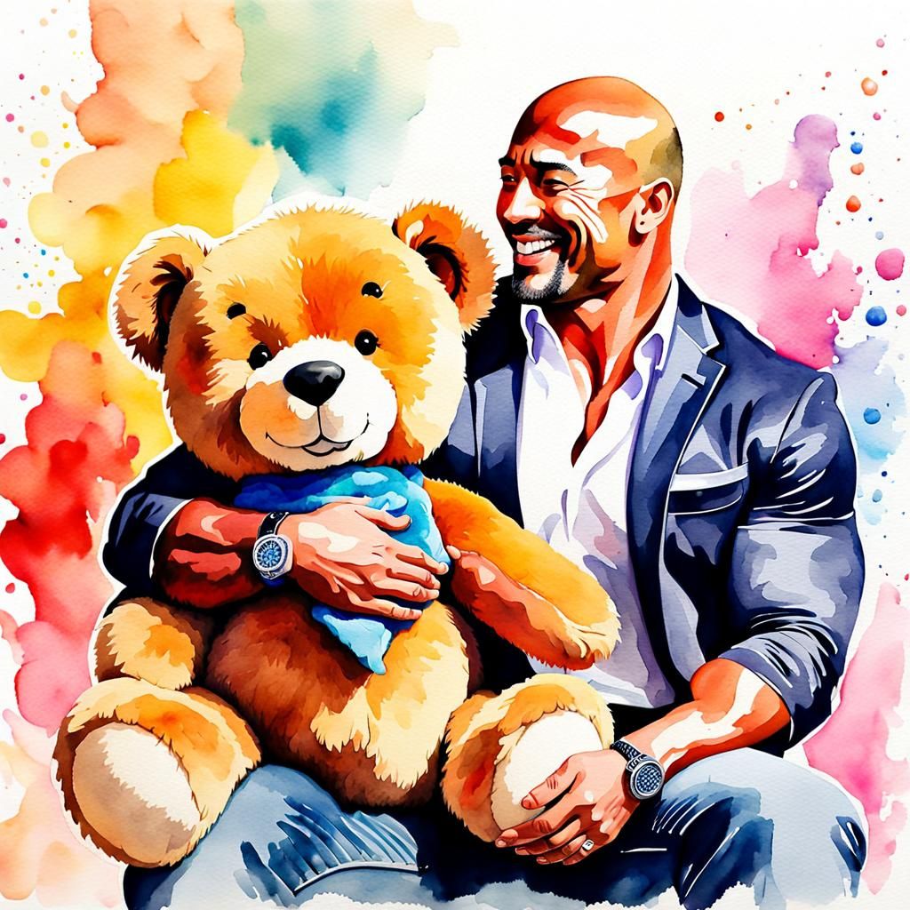 Watercolor of Dwayne Johnson Cuddling a Teddy Bear