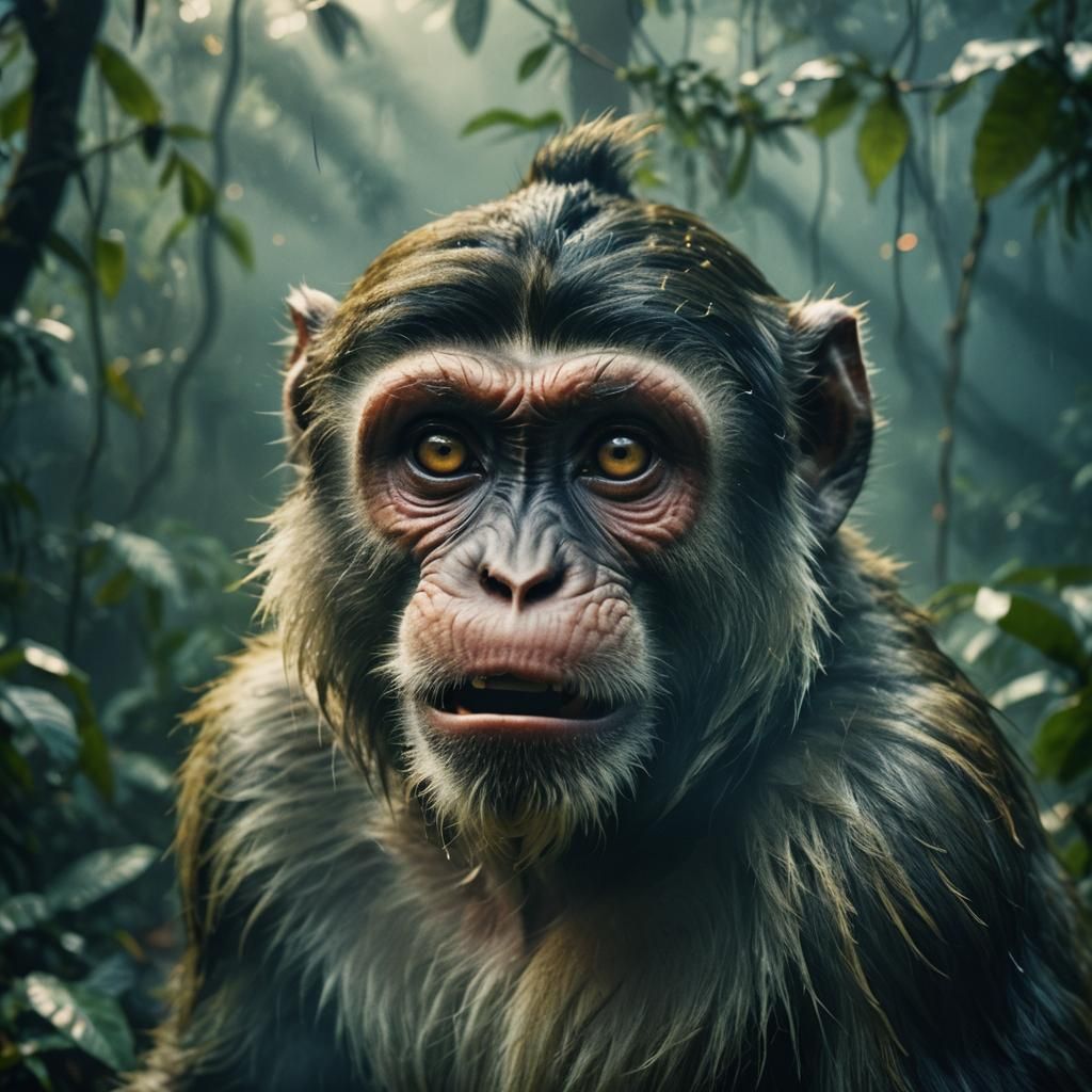 Anguished Monkey Portrait in Misty Jungle