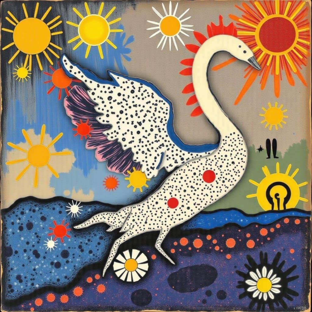 Vibrant Swan Collage on Iridescent Water