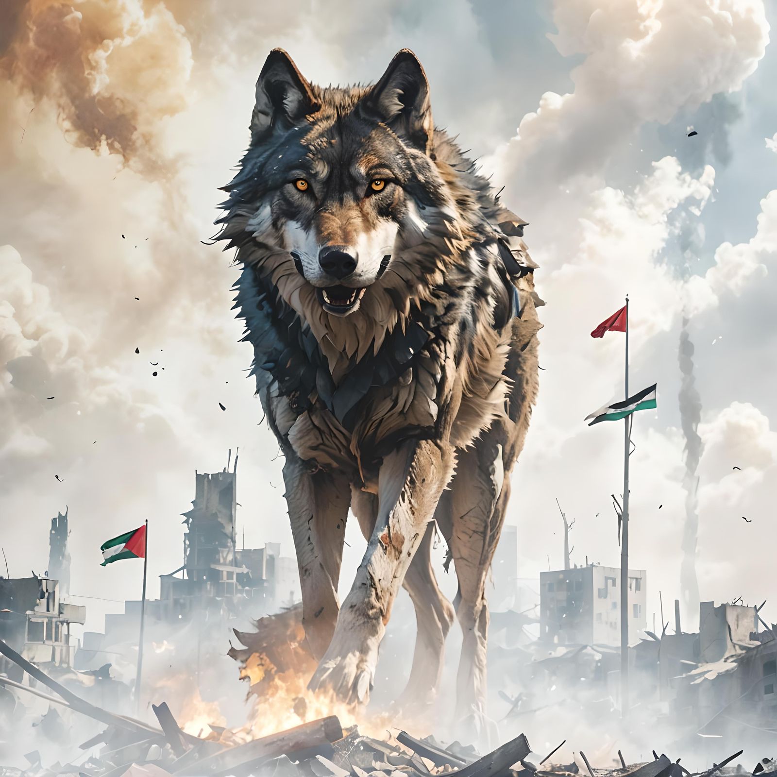 Wolf and Palestinian Flag in War-Torn City