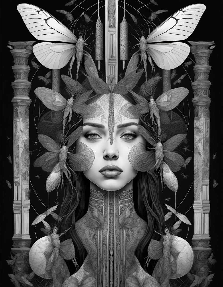 Ethereal Insect Woman in Geometric Graphic Style