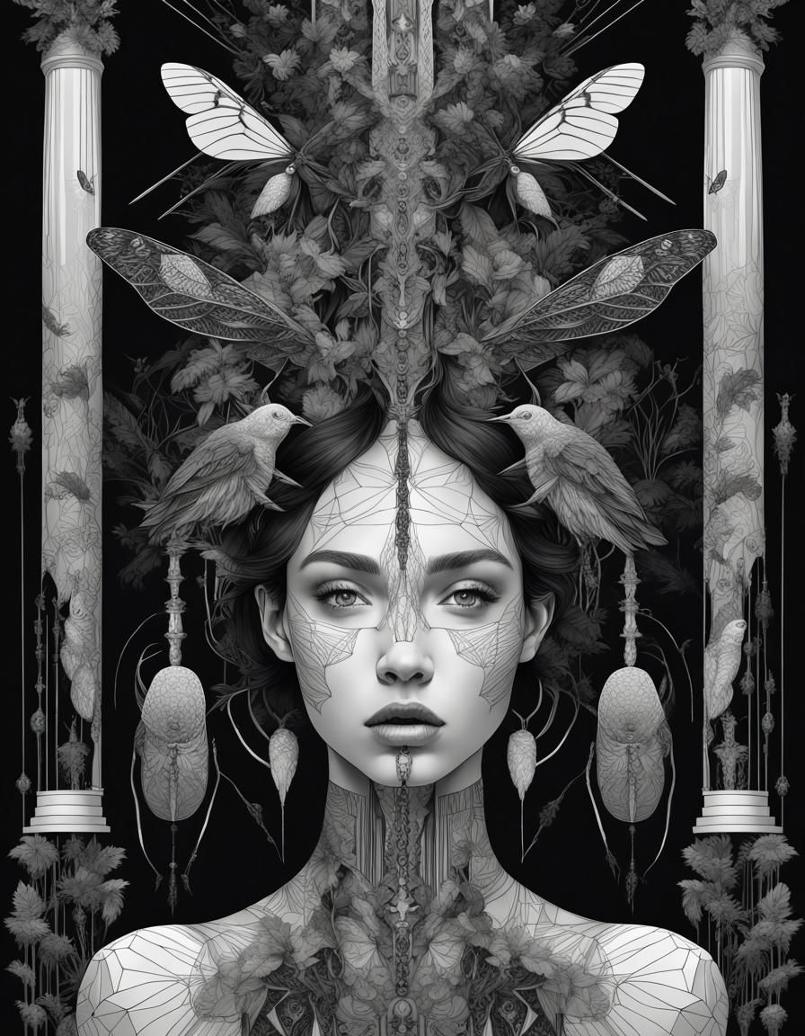 Ethereal Geometric Woman in Black and White