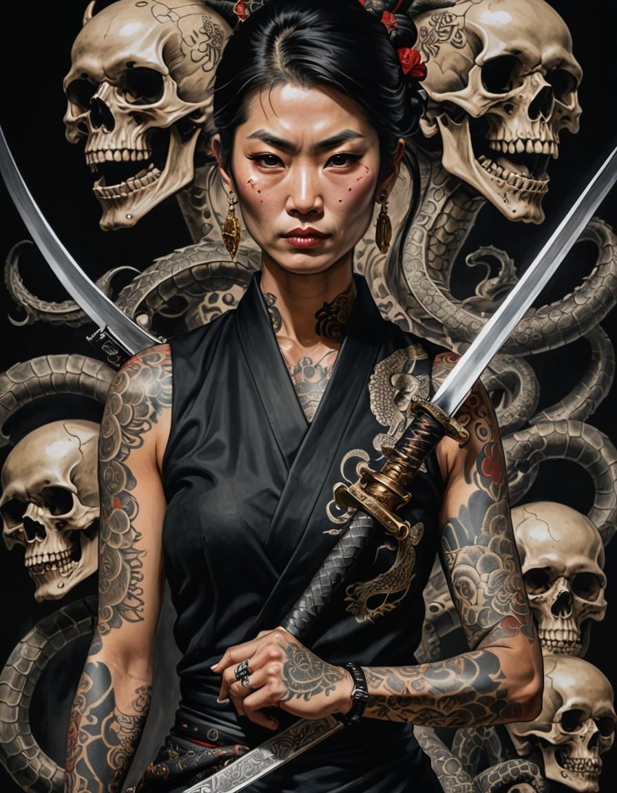 Yakuza Woman with Samurai Sword and Dragon