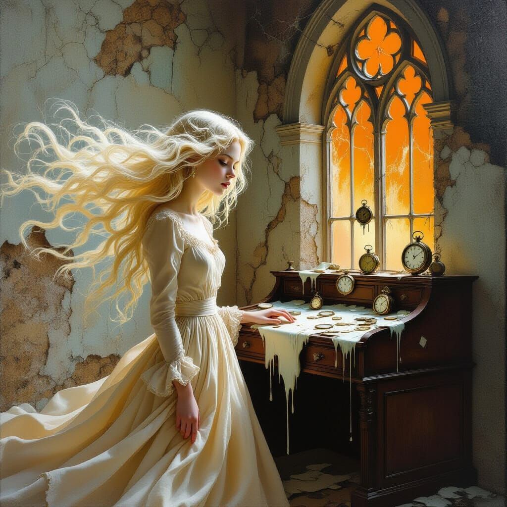 Surrealist Ethereal Woman with Melting Clocks