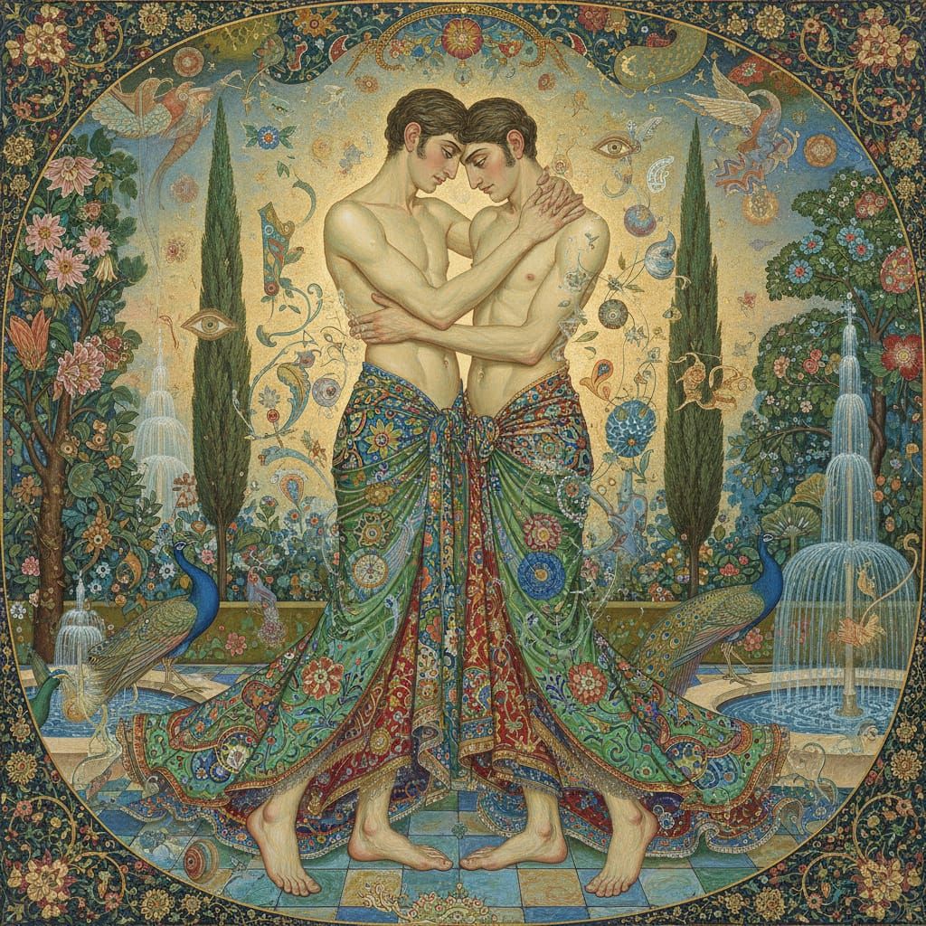 Persian Garden Embrace: Two Men in Traditional Attire