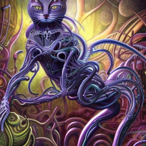 Biomechanical Feline in Psychedelic Garden