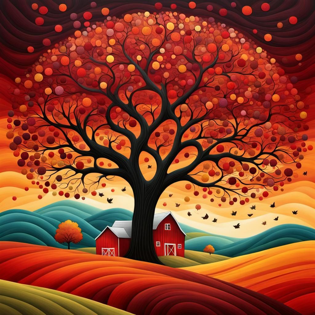 Autumn Landscape with Red Barn in Abstract Style