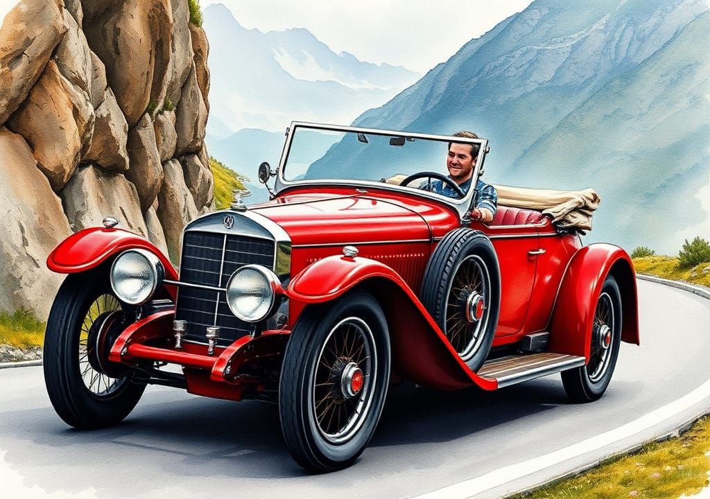 Mercedes-Benz Classic Cabriolet Car of the 1920s on Mountain Road