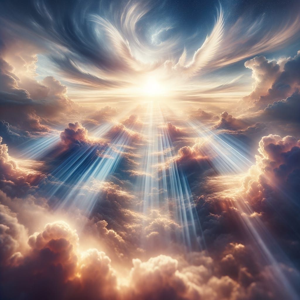 Heavenly Sunshine Beams Divine Light in Soft-Focus Clouds