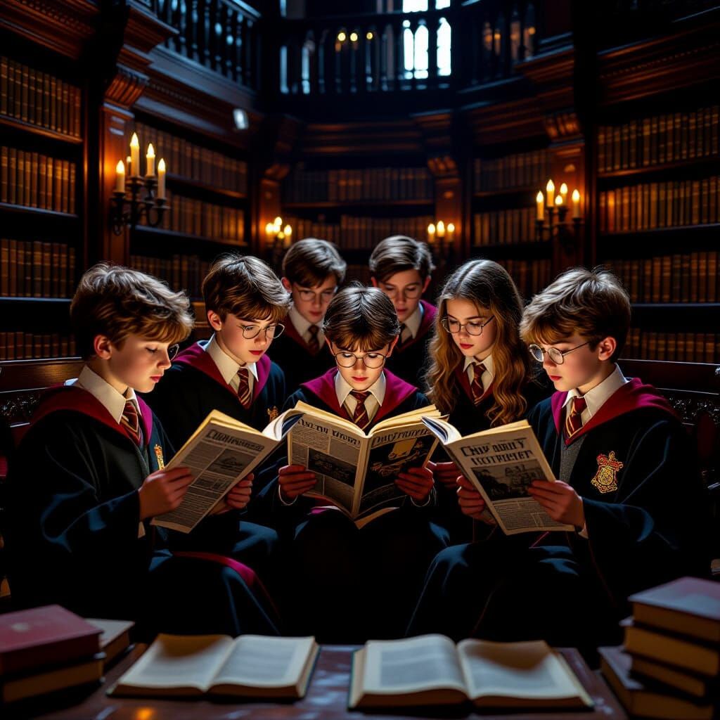 Hogwarts Pupils Reading Newspaper in Realistically Lit Style