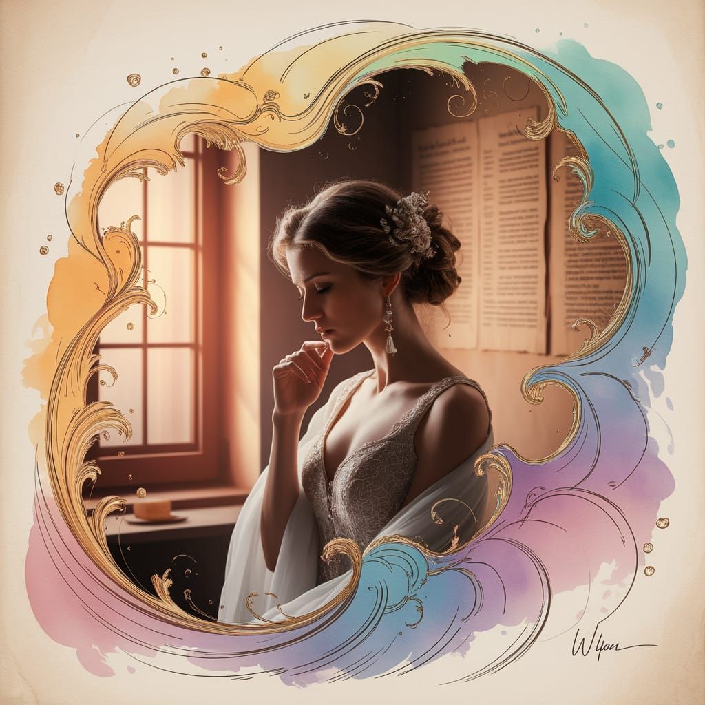 Elegant Woman in Dreamy Watercolour with Gold Patterns