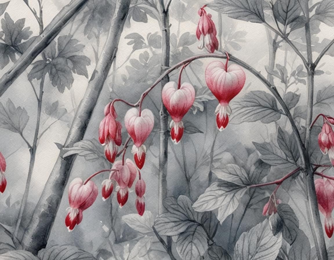 Monochromatic Watercolor of Bleeding Heart Blossoms
