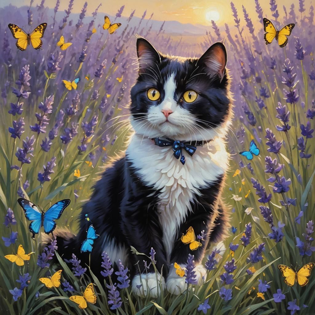 Tuxedo Cat with Butterflies in Lavender Field