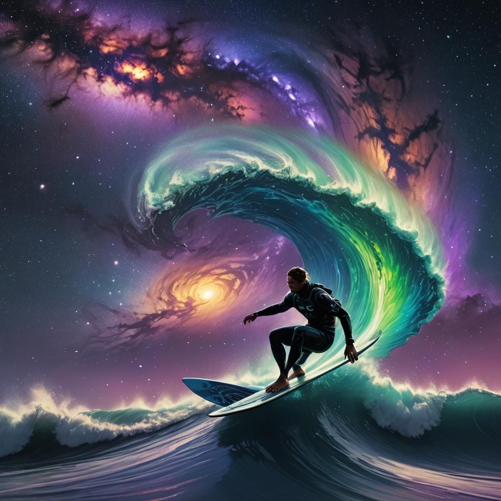 Cyberpunk Surfer Rides a Wave Through Space