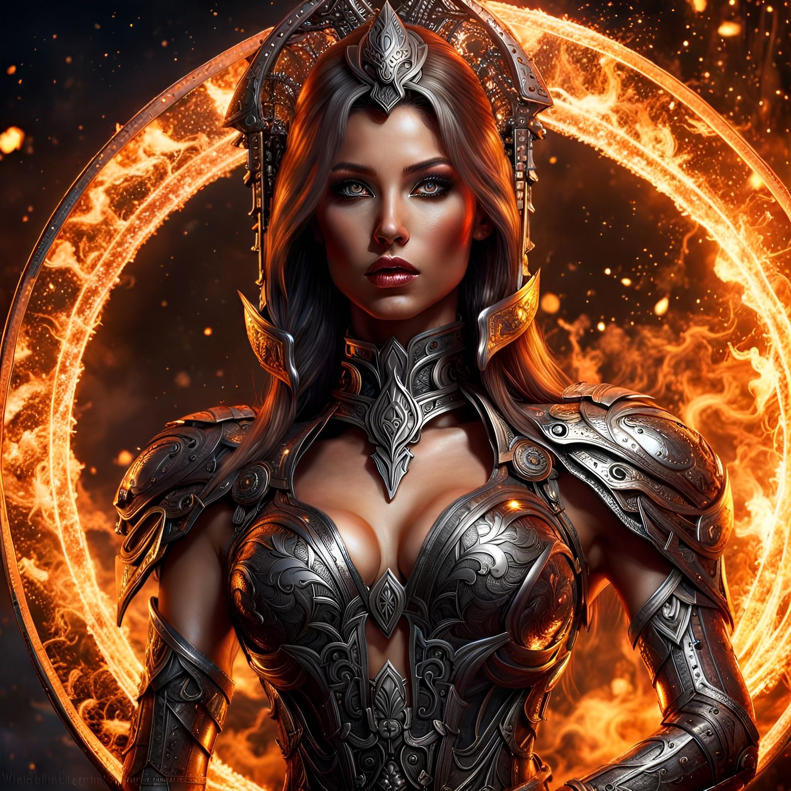 Beautiful Woman in Fire Circle: Fantasy Art