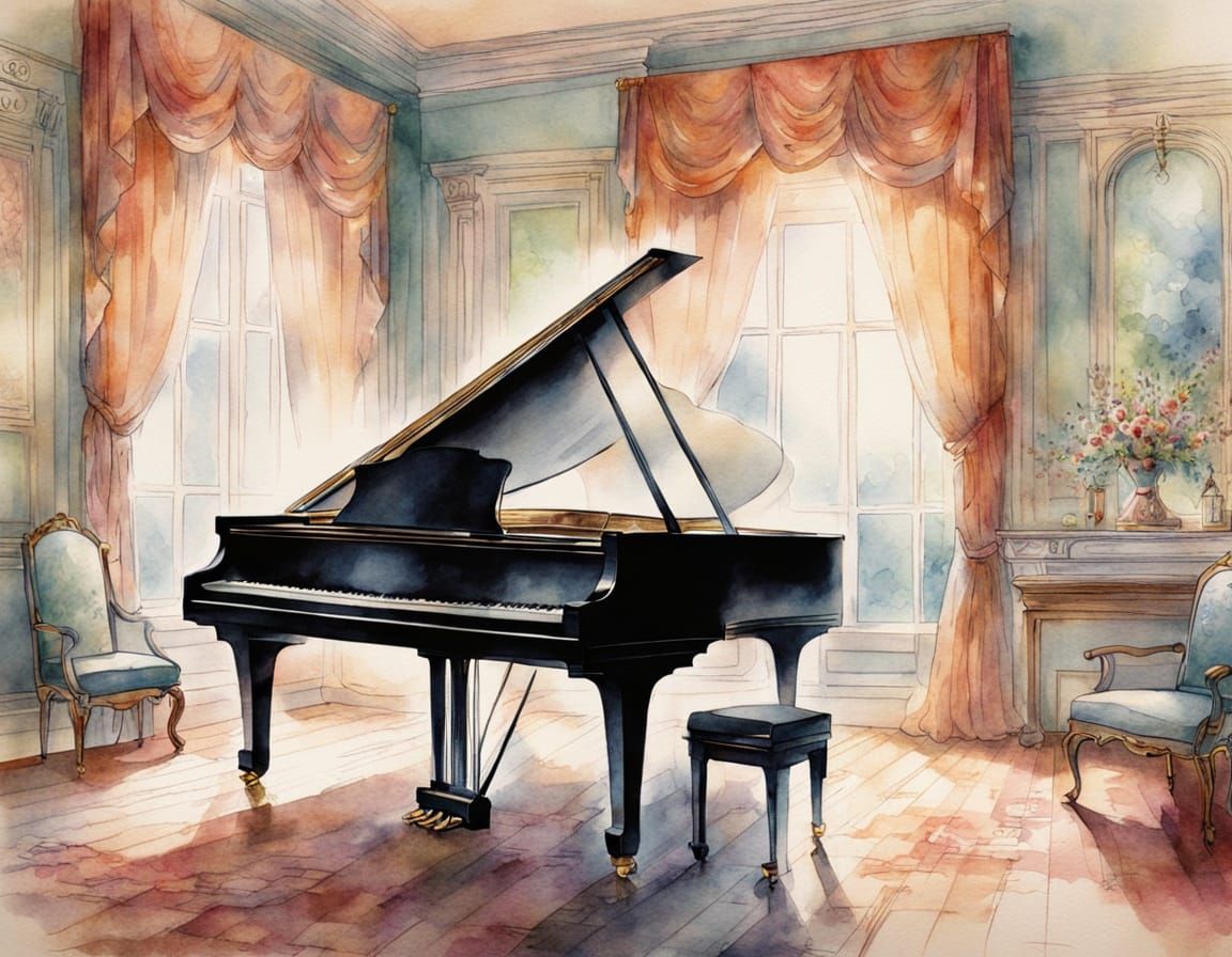 Grand Piano in Ethereal Music Room, Watercolour Style