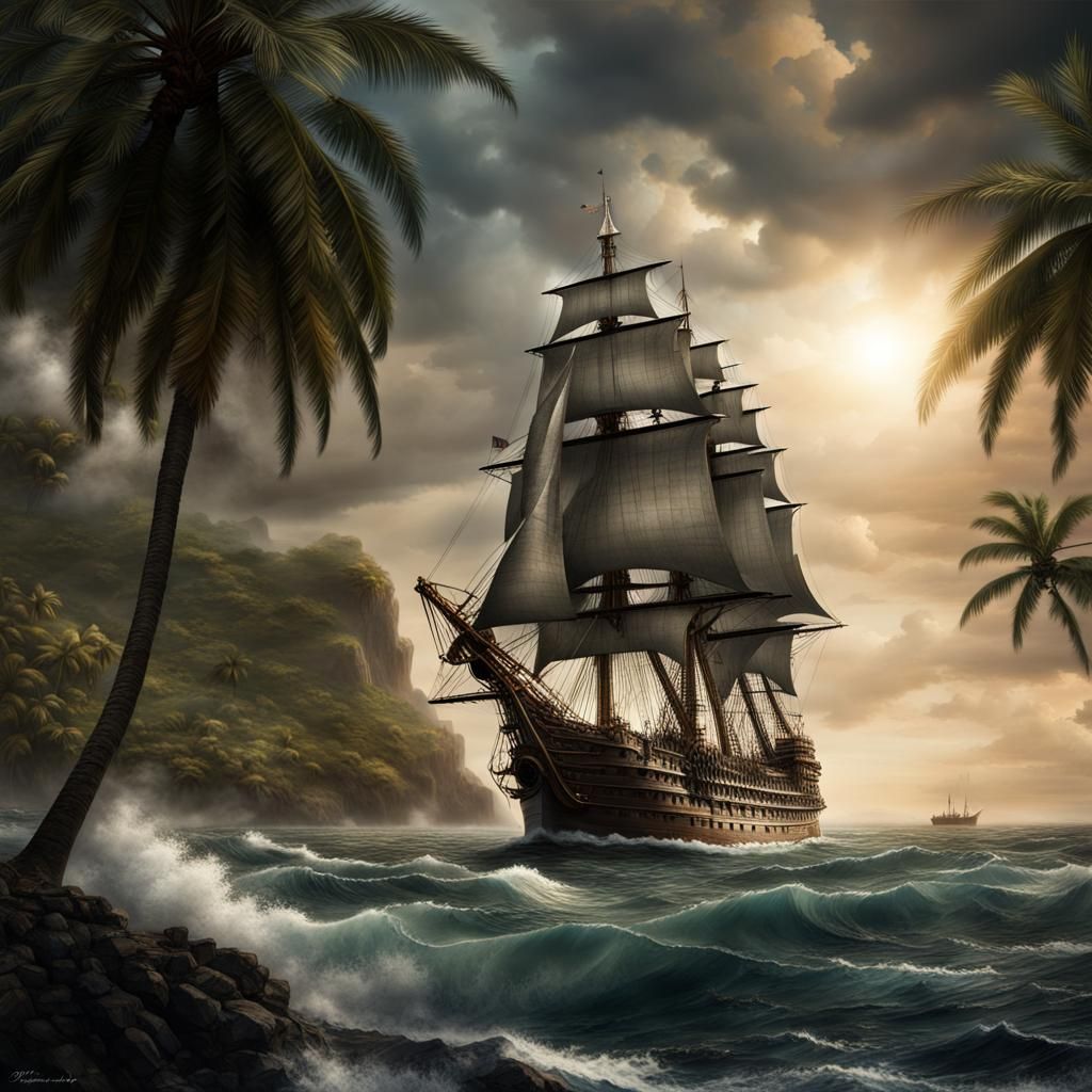 Royal Navy Frigate Hunting Pirates, 1680: Digital Painting