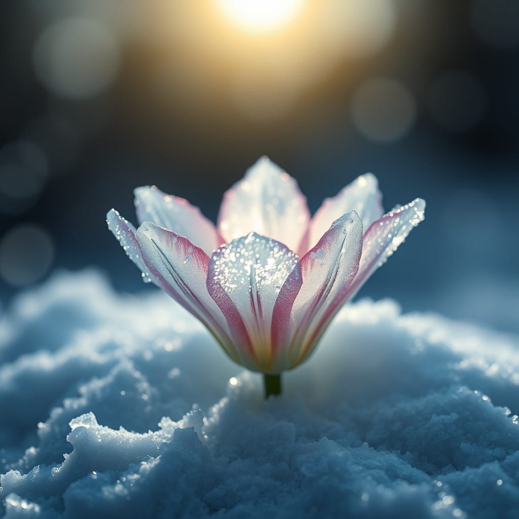 Ice Flower Emerges From Snow in Backlit Bokeh
