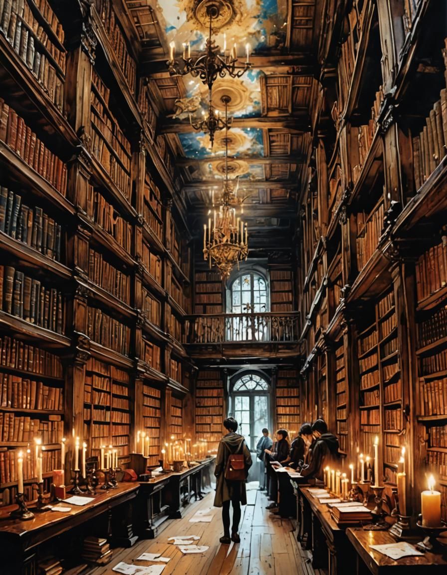 Scholars Studying in Ancient Library, Watercolor Style