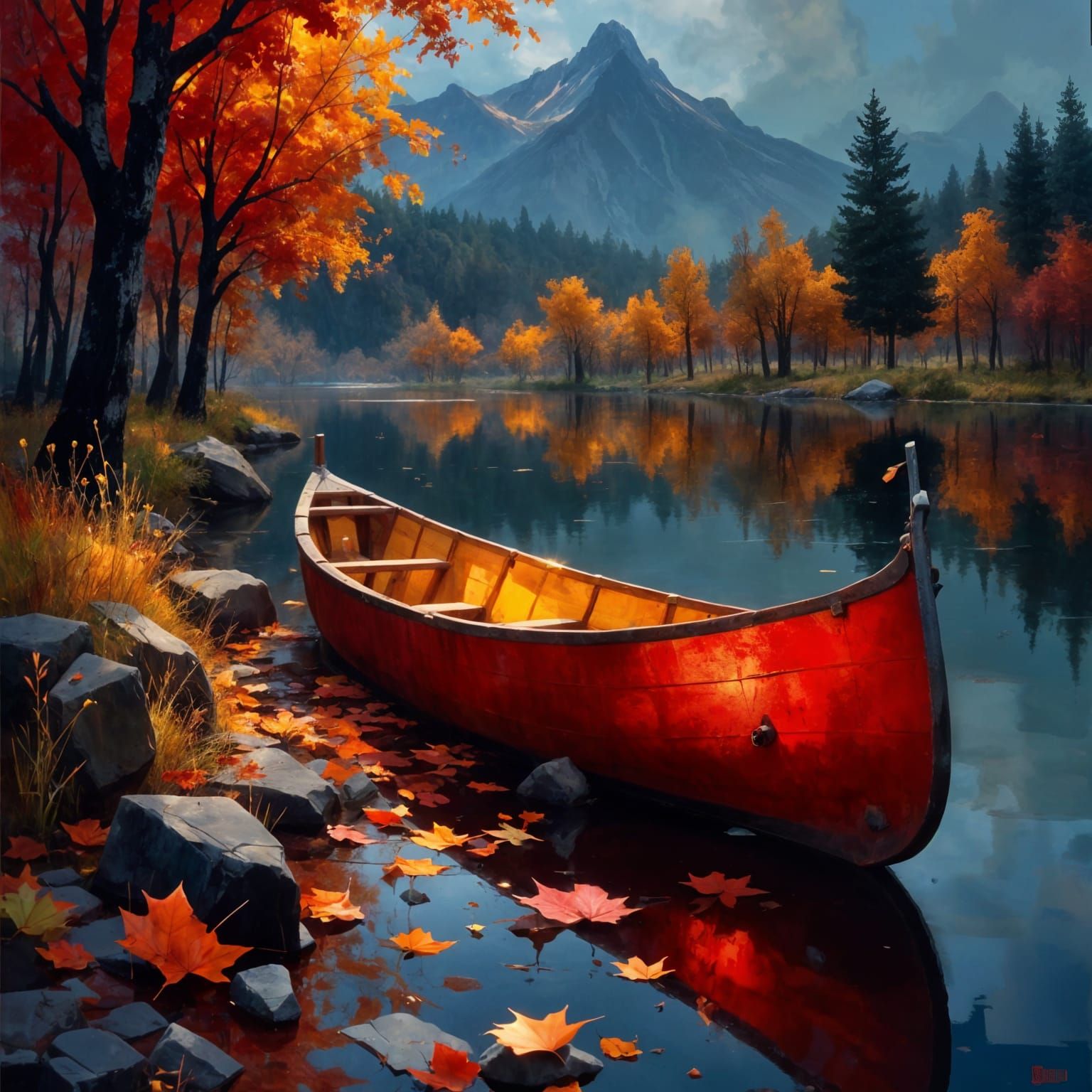 Autumn Pirate Ship Anchored in Reflective Inlet