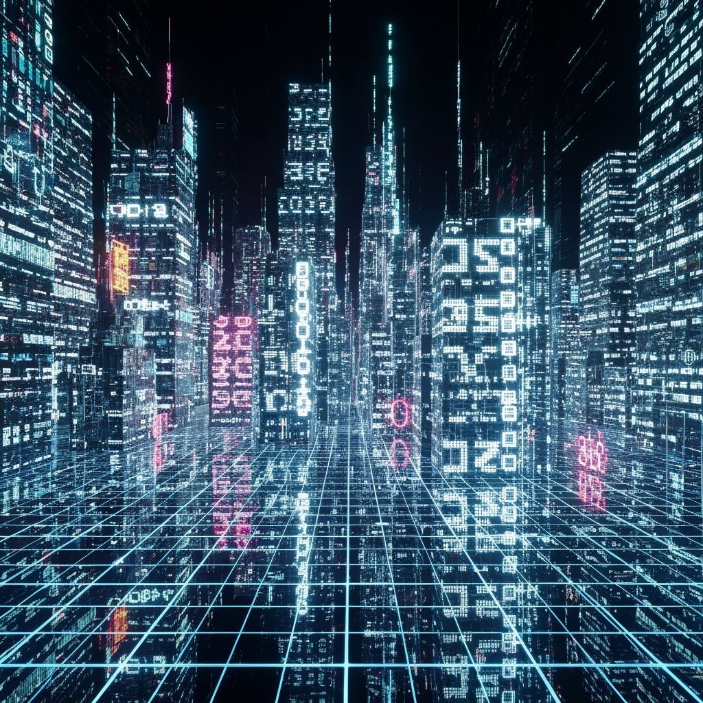 Cyberpunk Cityscape of Holographic Code