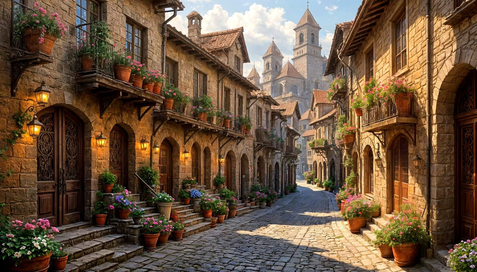 Old Town Street with Cobblestones and Flower Baskets