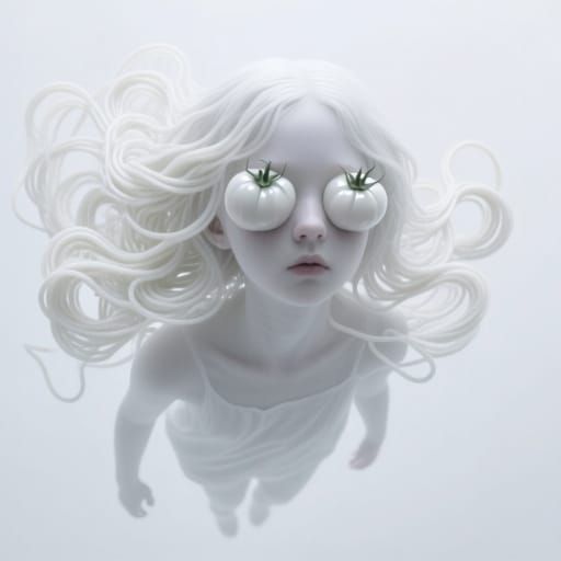 Ethereal Girl with Spaghetti Hair in White Void