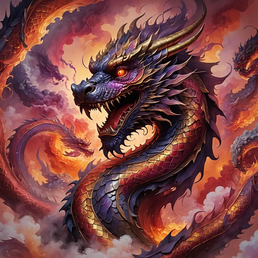 Majestic Smoke Dragon Rises in Sunset: Fantasy Art