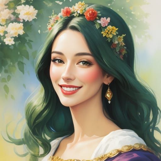 Whimsical Woman Portrait in Gouache and Watercolor