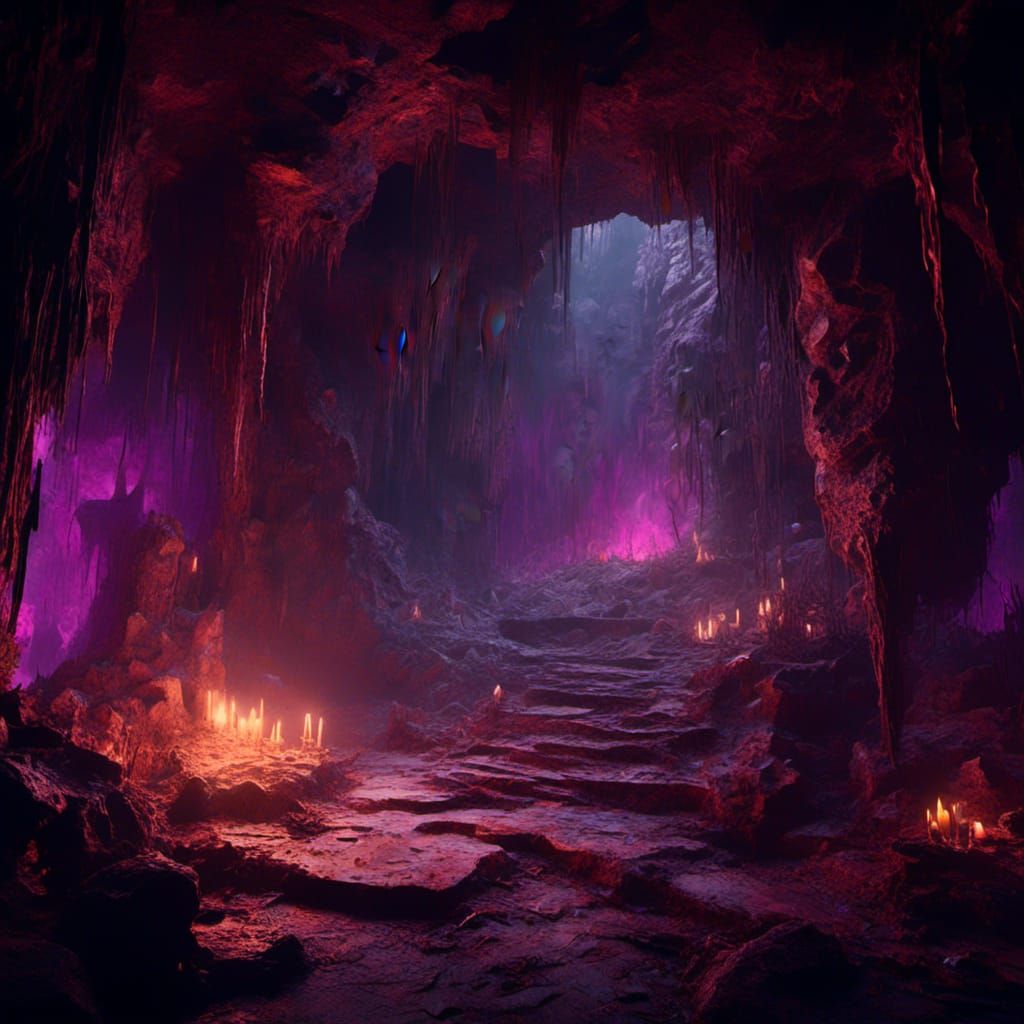Illuminated Dark Crystal Cave in Dark Fantasy Style