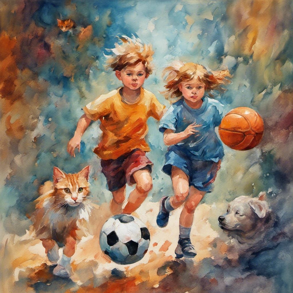Children Playing Sports in Space as Gouache Painting