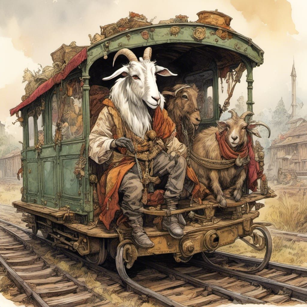 Anthropomorphic Goat Hobo on Train Cartoon