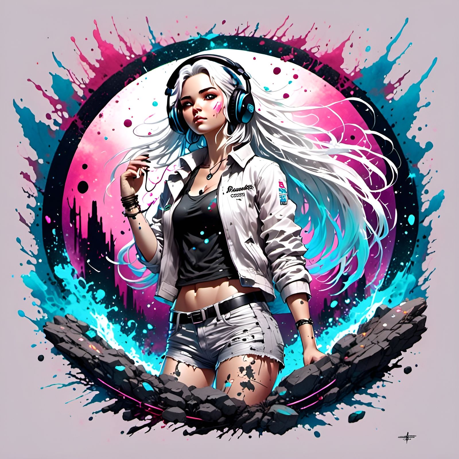 Synthwave Girl Portrait with Cyberpunk Elements