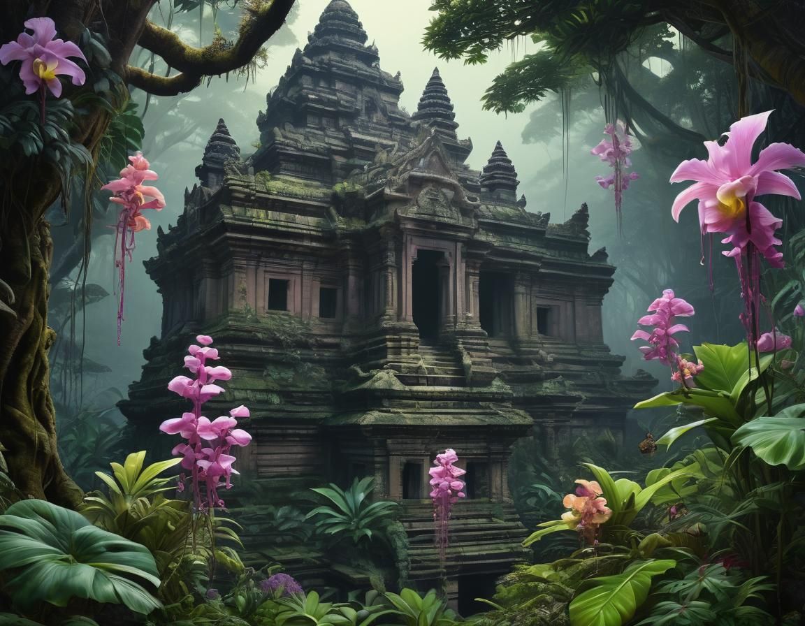 Enchanted Jungle with Fungi and Orchids in Tonalism Style