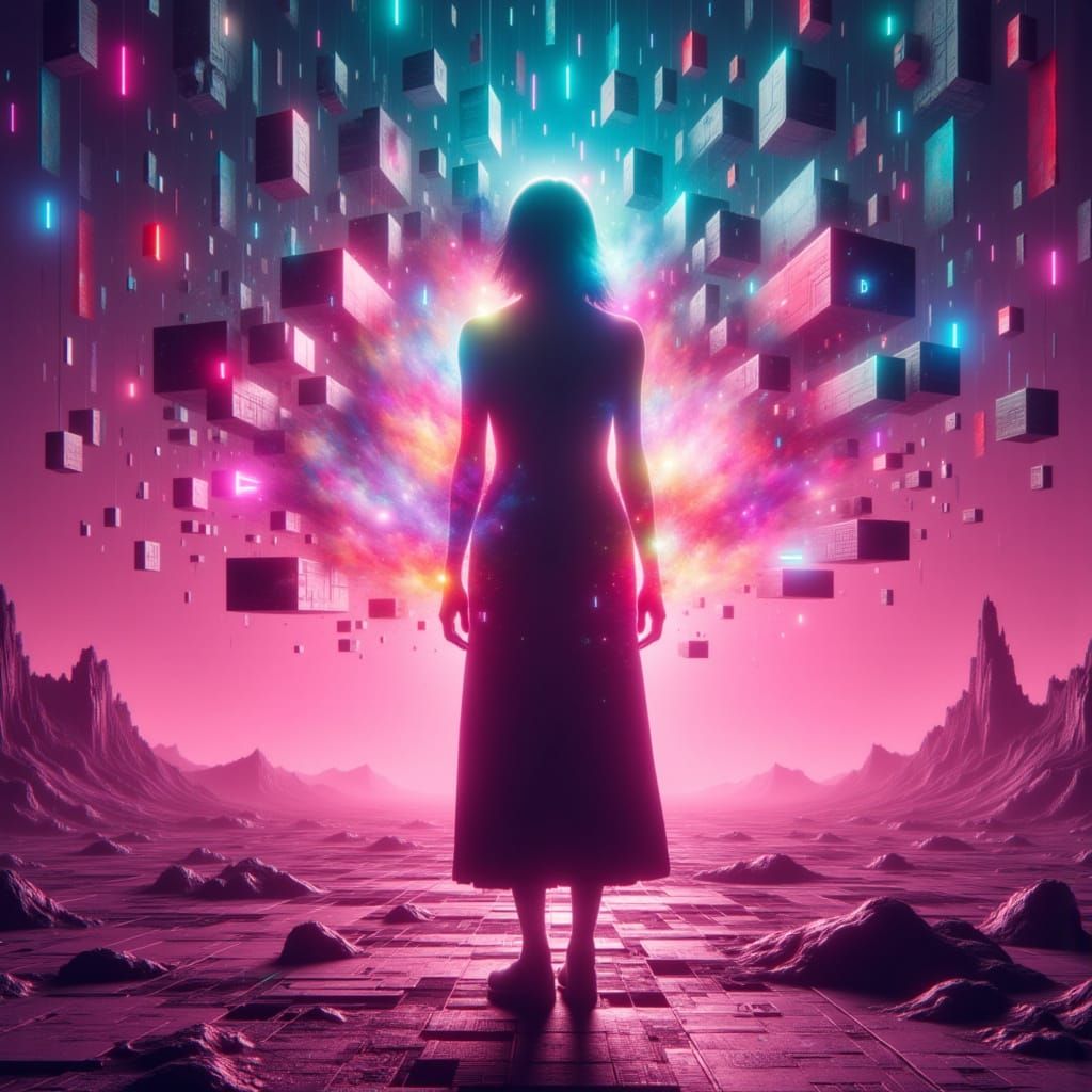 Neon Desert Dreamscape with Levitating Shapes