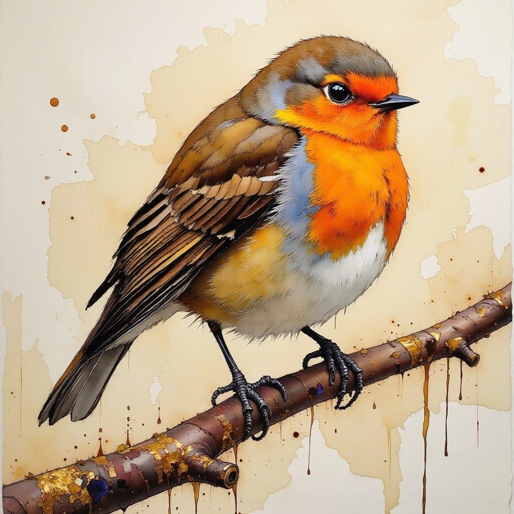 Impressionist Robin with Alcohol Ink and Gold Veins