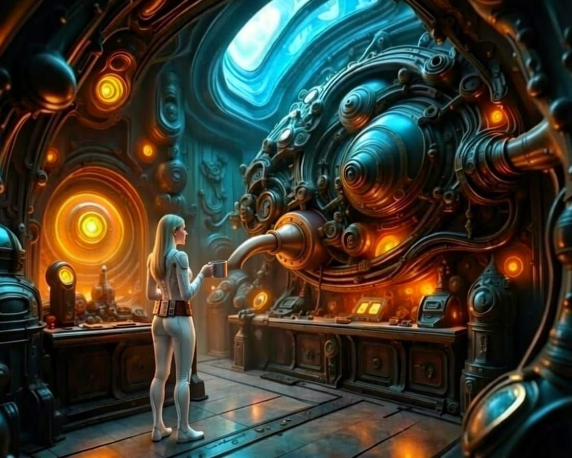 Elves Operate Futuristic Machinery in Bright Workshop